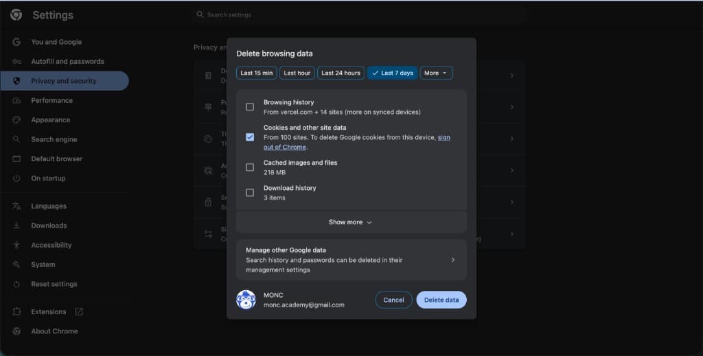 Chrome: dialoog Delete browsing data met Cookies aangevinkt