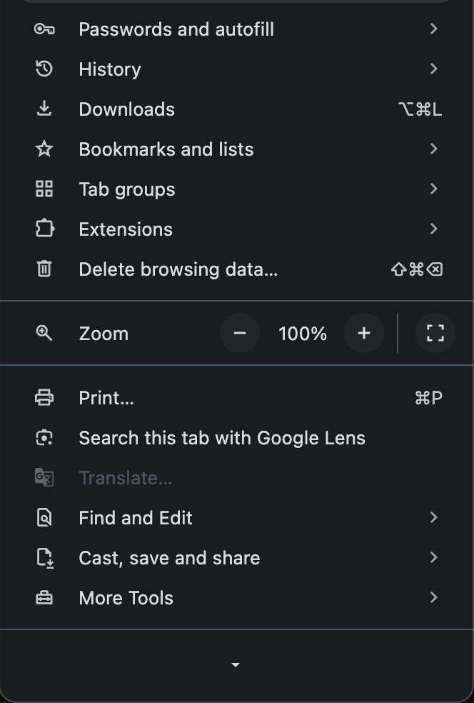Chrome-menu: Delete browsing data