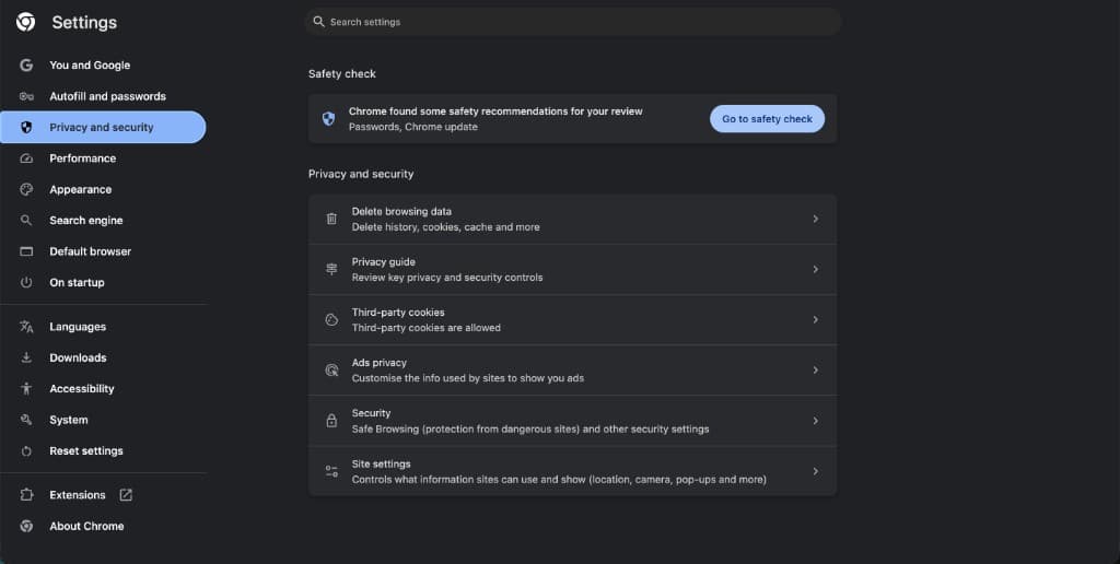 Chrome-instellingen: Privacy and security, Delete browsing data