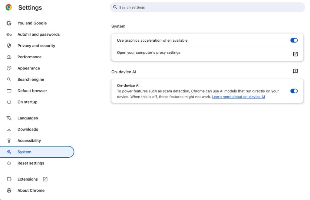 Chrome Systeem: schakelaar Use graphics acceleration when available