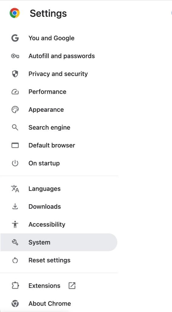 Chrome-instellingen: System / Systeem in de zijbalk