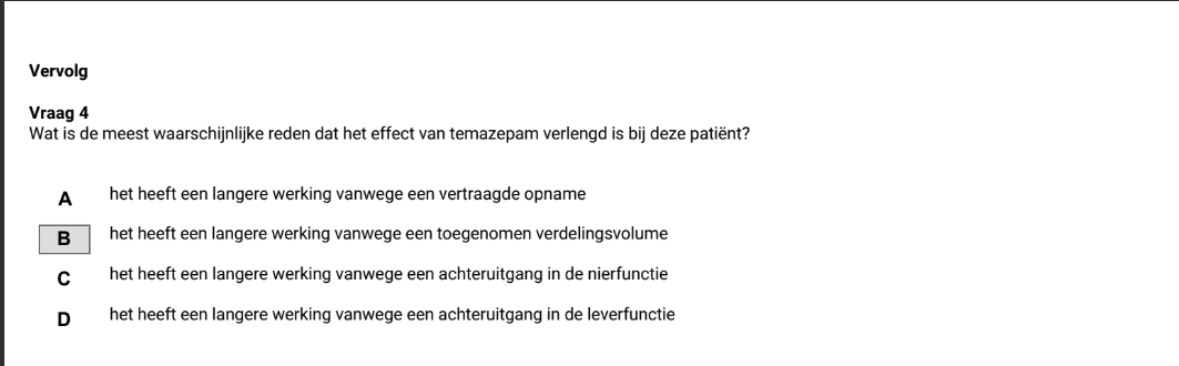 Waarvan is verdelingsvolume afhankelijk en hoezo leidt dit tot een langere werking van het medicatie? Waarom is dit hoger bij temazepam?