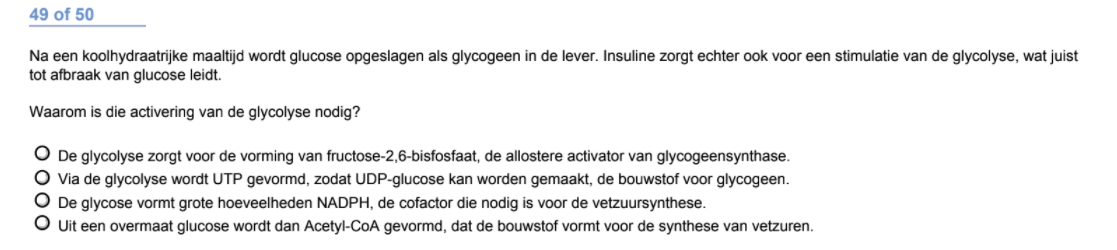 Na een koolhydraatrijke maaltijd wordt een gedeelte van het glucose omgezet tot glycogeen (glycogenese), maar een ander gedeelte van het glucose wordt afgebroken tot pyruvaat -> Acetyl-CoA (glycolyse). Waarom vinden beide processen plaats en niet alleen dat eerste?