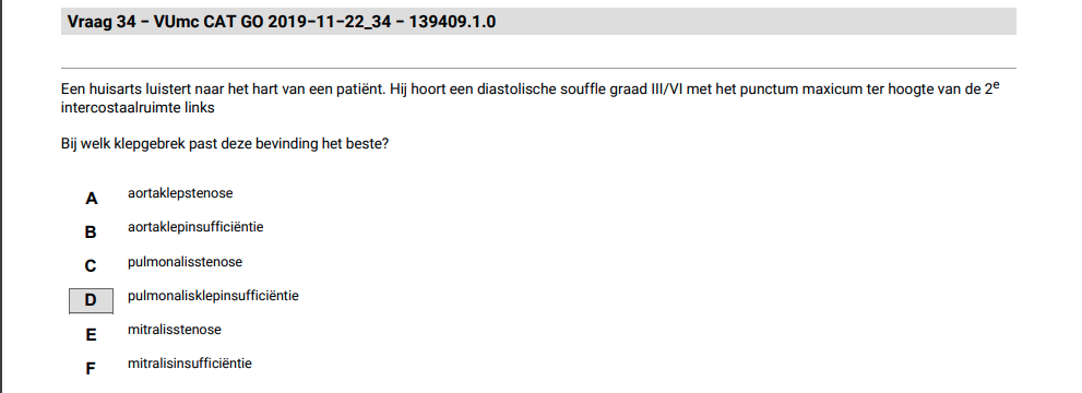 Hoe pak je dit soort vragen aan (2 stappen)? Wat zou het antwoord zijn als je een 'Diastolische souffle hoort in de Hartapex / 5e intercostaalruimte links'?