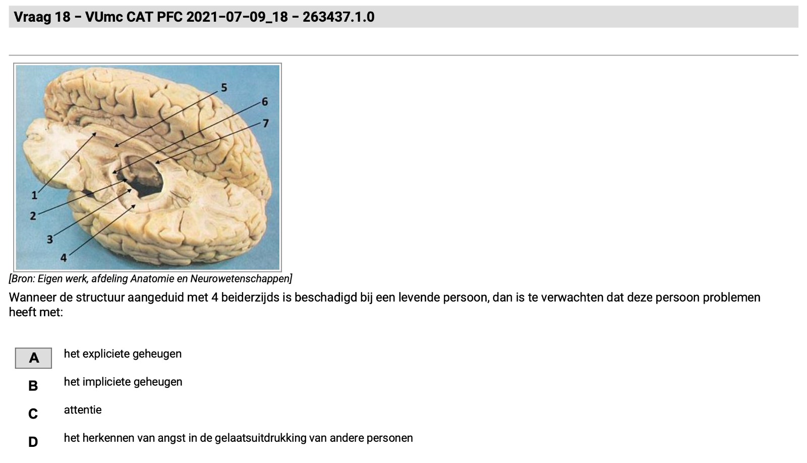 Geef bij elk cijfer aan welke hersenstructuur het is.
